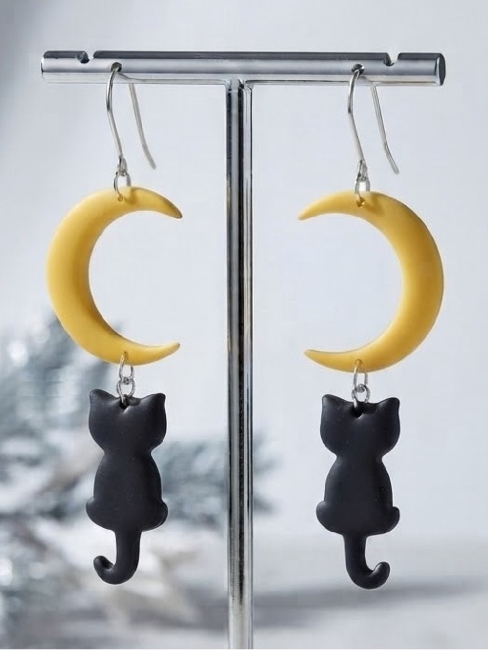 Cat Under the Moon Dangle Earrings - Yellow & Black